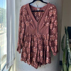 Urban Outfitters Pia Long- Sleeve Button- Waist Ecote Boho Romper | Size Medium